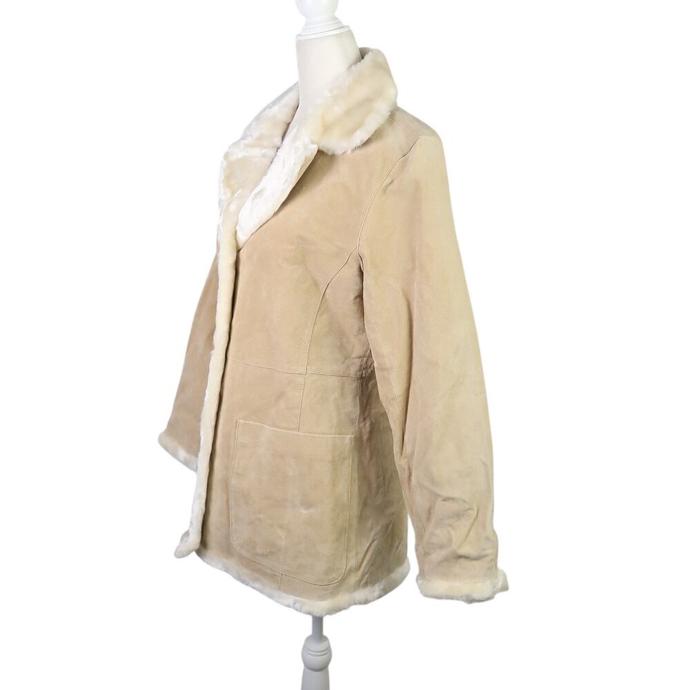 Vintage Y2K Beyond California Tan Suede Leather Cream Faux Fur Sherpa Jacket M - Picture 3 of 6